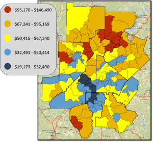 Map - Median Household Income by High School Attendance Zone, 2014