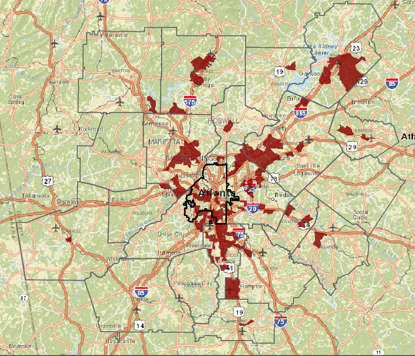 Map showing percent of population without health insurance in metro Atlanta