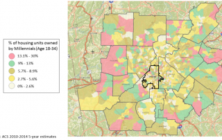 Map showing percentage of owner-occupied housing units with a Millennial homeowner