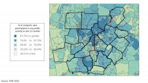 Map showing percent of residents in metro Atlanta census tracts who participated in any public activity in the last 12 months.