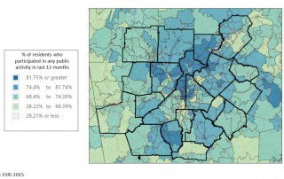 Map showing percent of residents in metro Atlanta census tracts who participated in any public activity in the last 12 months.