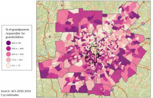 Map showing percent of households in metro Atlanta (by census tract) with grandparents where those grandparents are responsible for their grandchildren