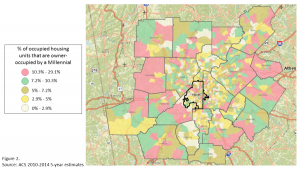 Map showing percentage of occupied housing units that are owner-occupied by Millennials in Atlanta