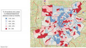 Map showing percentage of residents in metro Atlanta who voted in the last 12 months