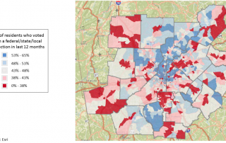 Map showing percentage of residents in metro Atlanta who voted in the last 12 months
