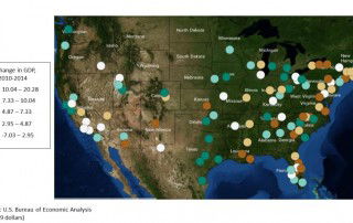 Map showing 100 largest metros by change in GDP