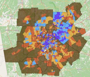 Map showing population density change from 2015-2040 in metro Atlanta