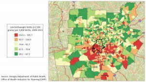 Map showing Low birthweight births in metro Atlanta