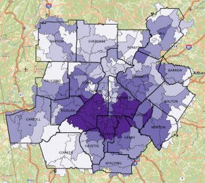 Map showing change in percent of tax returns with EITC in metro Atlanta