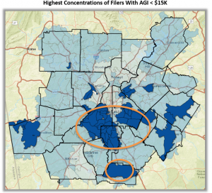 Map of metro Atlanta zip codes highlighting areas with