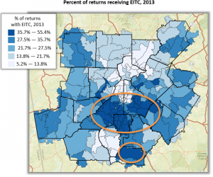 Map of metro Atlanta zip codes by percent of EITC tax returns