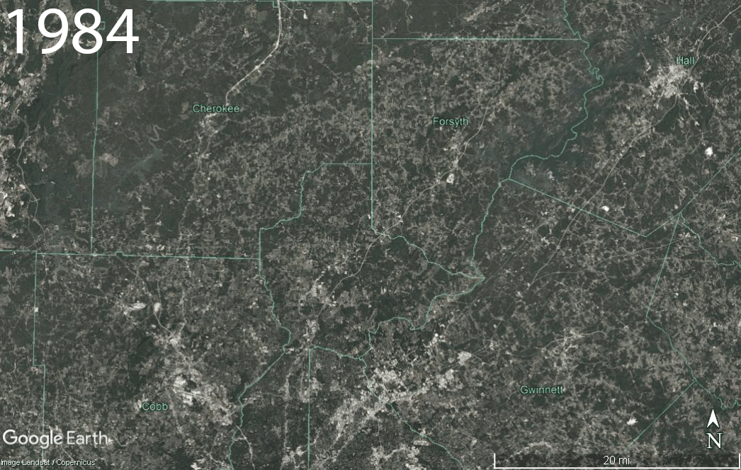 GIF of satellite imagery of the tree cover in the northern 10-county Atlanta Region between 1984 and 2016
