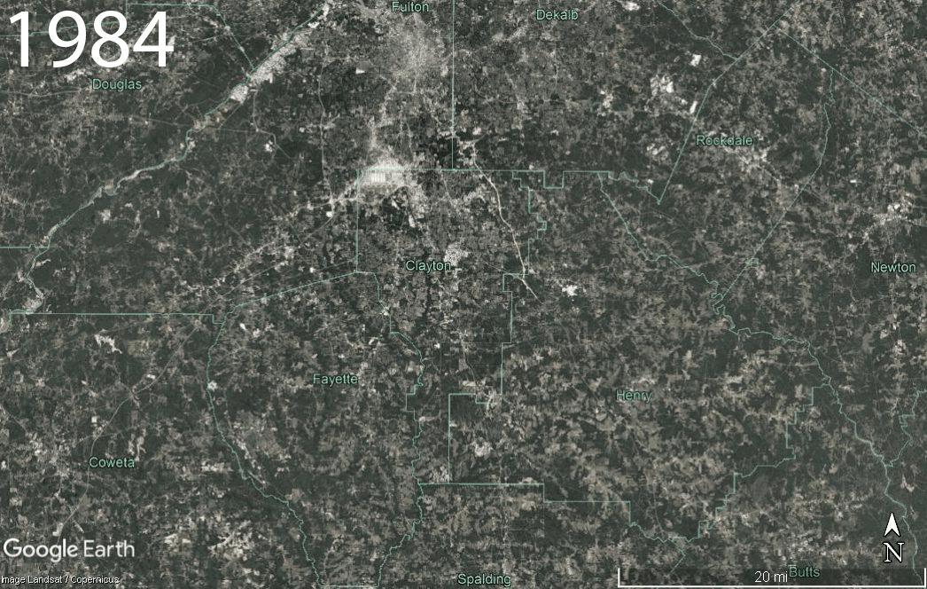 GIF of satellite imagery of the tree cover in the southern 10-county Atlanta Region between 1984 and 2016