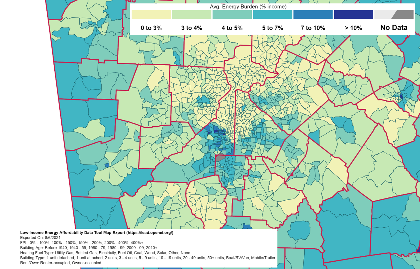 Map showing Average Energy Burden as a percentage of household income for Census tracts in the Atlanta region. 