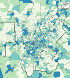 Map depicting the distribution of the housing type theme from CDC's Social Vulnerability Index across Census tracts in the Atlanta region