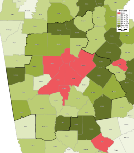Map depicting overall domestic migration for the Atlanta MSA and vicinity by county over the period 2020-25 using the Census Bureau's 2025 vintage population estimates