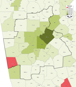 Map depicting overall international migration for the Atlanta MSA and vicinity by county over the period 2020-25 using the Census Bureau's 2025 vintage population estimates