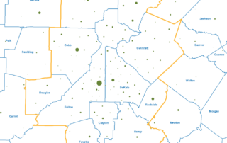 Map of Atlanta region (ARC 11 counties and environs) showing the location andsquare footage of public libraries, using data from the 2023 IMLS survey