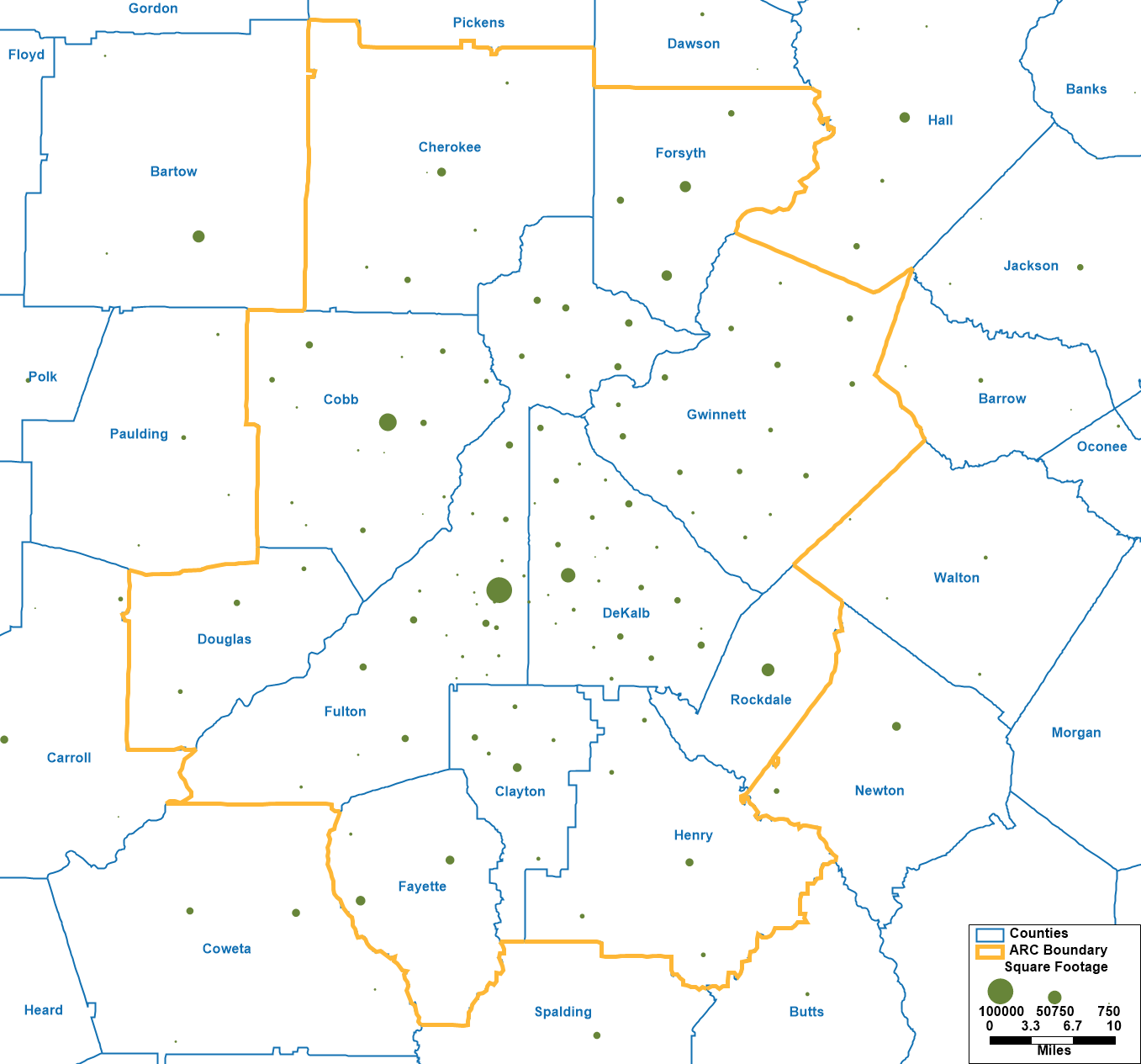 Map of Atlanta region (ARC 11 counties and environs) showing the location andsquare footage of public libraries, using data from the 2023 IMLS survey