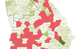 Map depicting percent population change 2024-25 by county for Georgia according to the Census Bureau's 2025 Vintage Estimates
