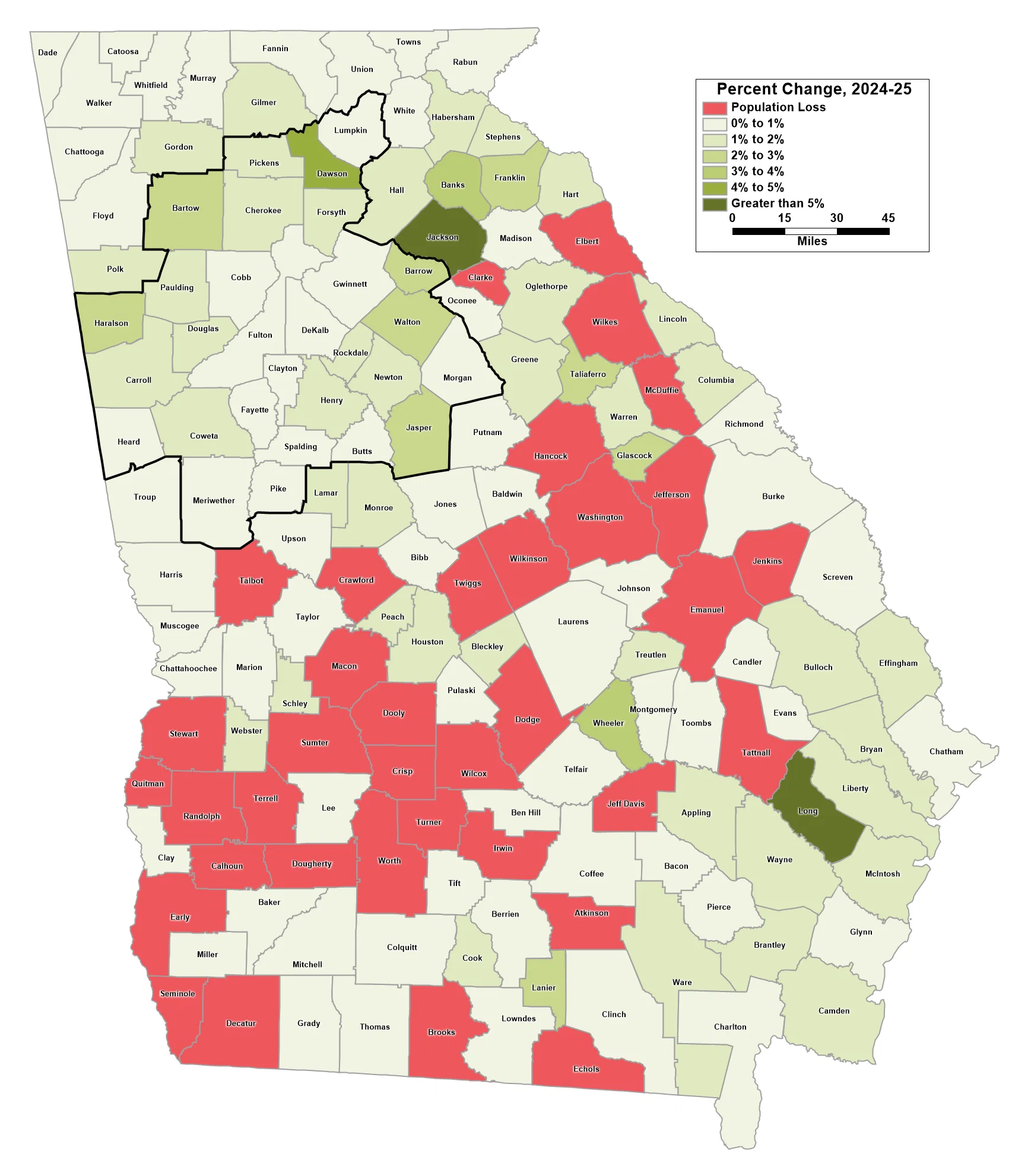 Map depicting percent population change 2024-25 by county for Georgia according to the Census Bureau's 2025 Vintage Estimates