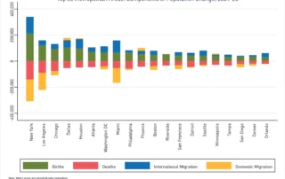Stacked bar graph displaying population change by component in the top 20 metros for the period 2024-25 utilizing the Census Bureau's vintage 2025 population estimatesStacked bar graph displaying population change by component in the top 20 metros for the period 2024-25 utilizing the Census Bureau's vintage 2025 population estimates