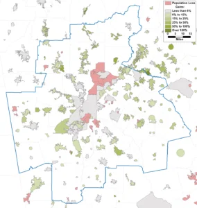 Map depicting the percent population change between July 1, 2020 and June 30, 2025 per the Census Bureau's 2025 Vintage City Population Estimates for cities in and near the Atlanta MSA