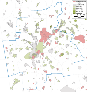 Map depicting the percent population change between July 1, 2024 and June 30, 2025 per the Census Bureau's 2025 Vintage City Population Estimates for cities in and near the Atlanta MSA