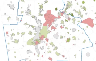 Map depicting the percent population change between July 1, 2024 and June 30, 2025 per the Census Bureau's 2025 Vintage City Population Estimates for cities in and near the Atlanta MSA