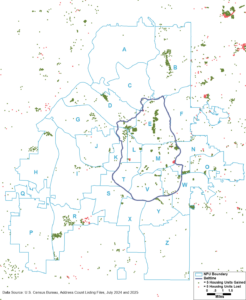 Dot density map depicting the change in housing units in and near the City of Atlanta between July 2024 and July 2025, according to the Census Bureau's Address Count Listing Files