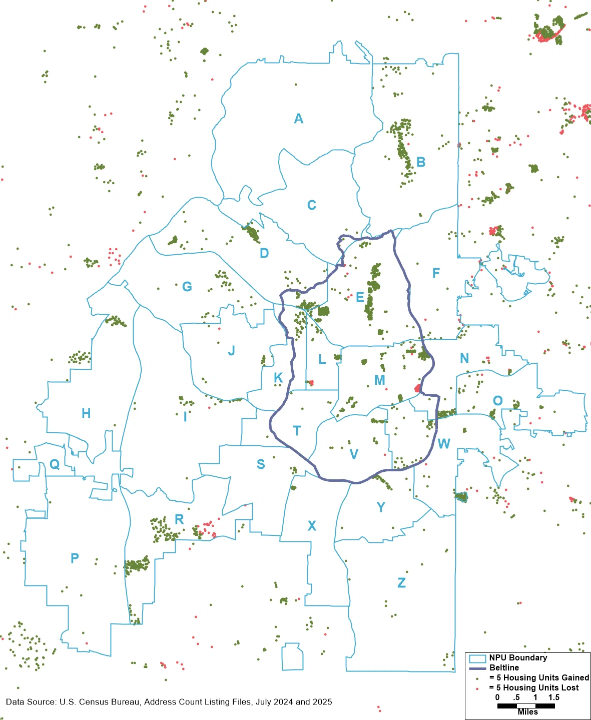 Dot density map depicting the change in housing units in and near the City of Atlanta between July 2024 and July 2025, according to the Census Bureau's Address Count Listing Files
