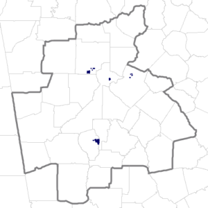 Dot density map showing the locations of people born in Cabo Verde and residing in and near the Atlanta MSA, according to the U.S. Census Bureau's American Community Survey 2024 5-year Estimates