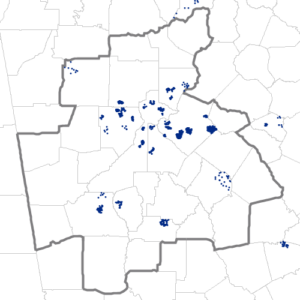 Dot density map showing the locations of people born in the former Czecheslovakia and residing in and near the Atlanta MSA, according to the U.S. Census Bureau's American Community Survey 2024 5-year Estimates