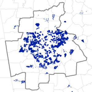 Dot density map showing the locations of people born in Haiti and residing in and near the Atlanta MSA, according to the U.S. Census Bureau's American Community Survey 2024 5-year Estimates