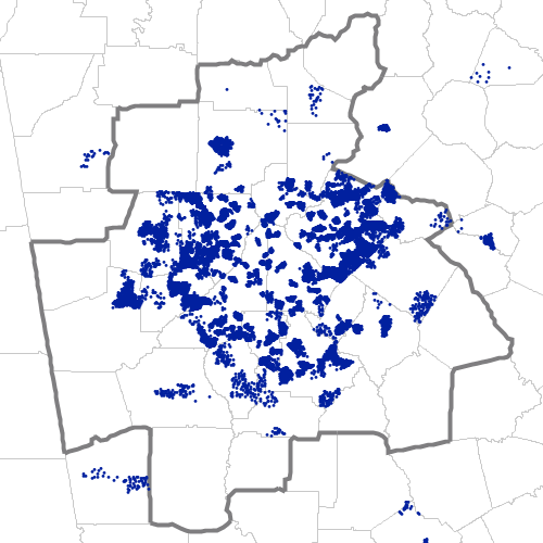 Dot density map showing the locations of people born in Haiti and residing in and near the Atlanta MSA, according to the U.S. Census Bureau's American Community Survey 2024 5-year Estimates