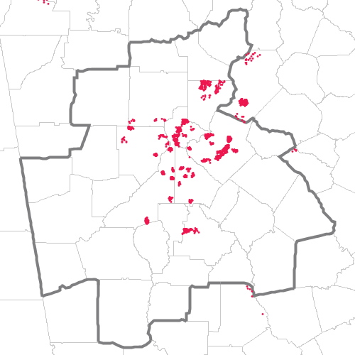 Dot density map showing the locations of people born in Morocco and residing in and near the Atlanta MSA, according to the U.S. Census Bureau's American Community Survey 2024 5-year Estimates
