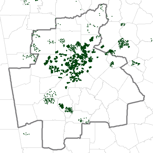 Dot density map showing the locations of people born in South Africa and residing in and near the Atlanta MSA, according to the U.S. Census Bureau's American Community Survey 2024 5-year Estimates