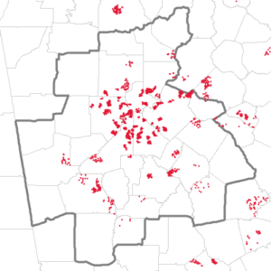 Dot density map showing the locations of people born in Spain and residing in and near the Atlanta MSA, according to the U.S. Census Bureau's American Community Survey 2024 5-year Estimates