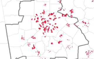 Dot density map showing the locations of people born in Spain and residing in and near the Atlanta MSA, according to the U.S. Census Bureau's American Community Survey 2024 5-year Estimates