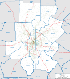 Dot density map of the ARC region depicting where households lacking air conditioning are located, according to the Census Bureau's Local Air Conditioning Estimates data, 2023 vintage