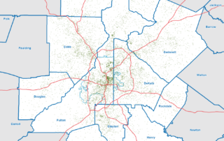 Dot density map of the ARC region depicting where households lacking air conditioning are located, according to the Census Bureau's Local Air Conditioning Estimates data, 2023 vintage