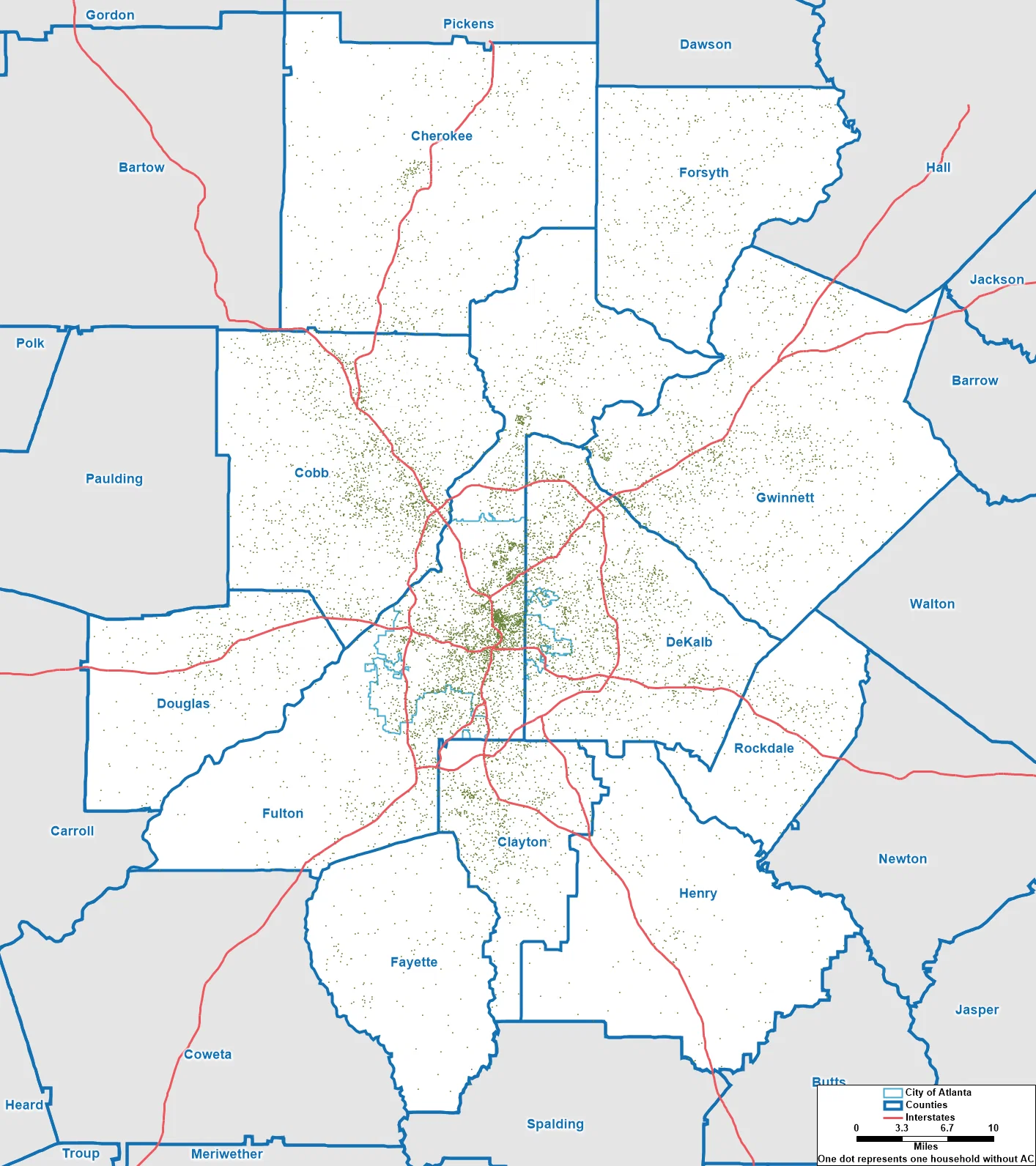 Dot density map of the ARC region depicting where households lacking air conditioning are located, according to the Census Bureau's Local Air Conditioning Estimates data, 2023 vintage