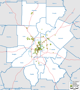 Map of the ARC region depicting Census tracts with a high density of households lacking air conditioning are located, according to the Census Bureau's Local Air Conditioning Estimates data, 2023 vintage