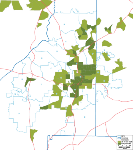 Map of the City of Atlanta and environs depicting Census tracts with a high density of households lacking air conditioning are located, according to the Census Bureau's Local Air Conditioning Estimates data, 2023 vintage
