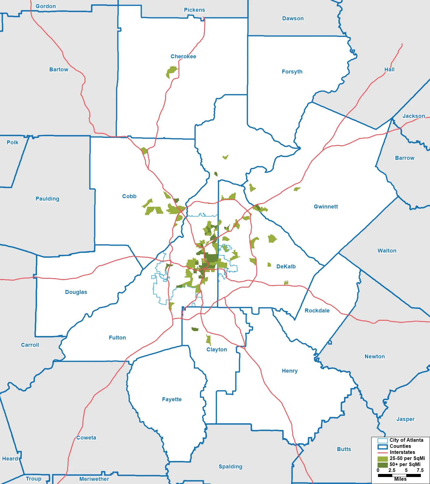 Map of the ARC region depicting Census tracts with a high density of households lacking air conditioning are located, according to the Census Bureau's Local Air Conditioning Estimates data, 2023 vintage